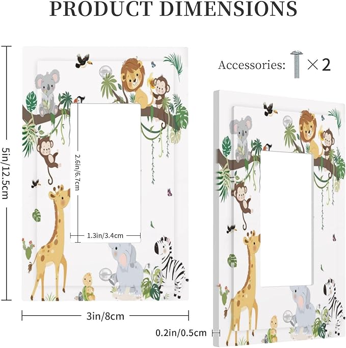 Jungle Animals Tree Branch Monkey Giraffe Lion Elephant Decorative Outlet Covers 1 Gang Single Rocker Light Switch Cover Plate Wall Plates GFCI Faceplate for Kids Room Nursery Decor