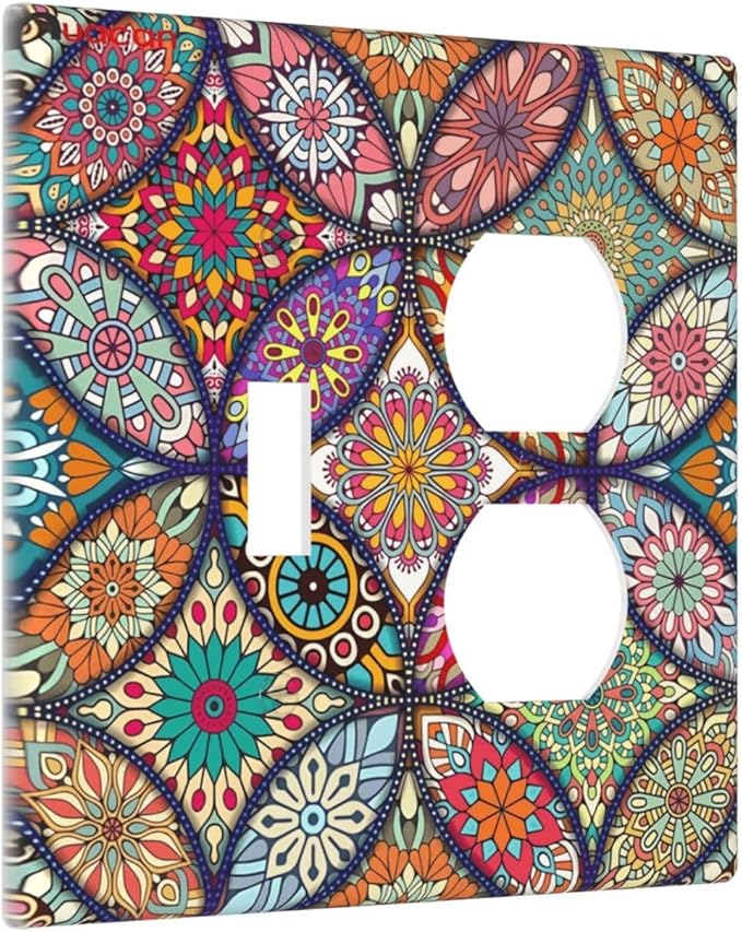 Boho Floral Pretty Colorful Mandala Flowers Wallplates 1 Toggle 1 Duplex Switch Plate Electrical GFCI Faceplate Decorative Light Switch Covers for Bedroom Living Room Decor