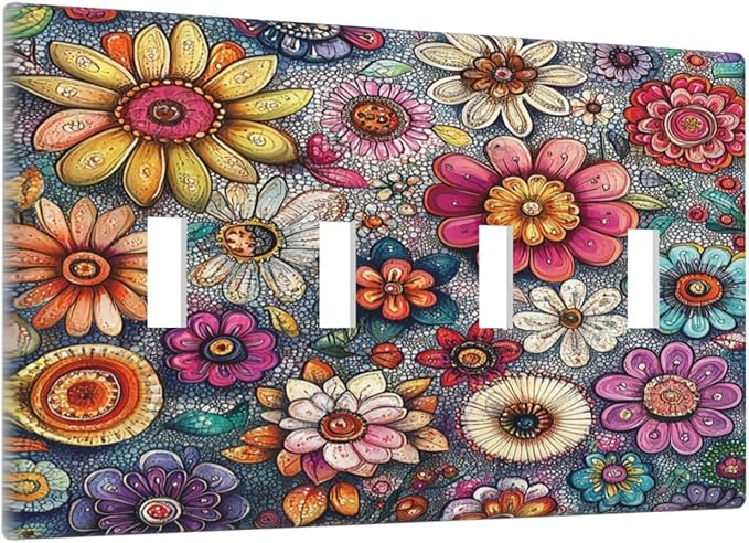 Light Switch Covers Colorful Rainbow Pointillisme Flower Quad Toggle Electrical Faceplate 4 Gang Wall Plate Decorative Switch Plates For Bed Room Home Decor