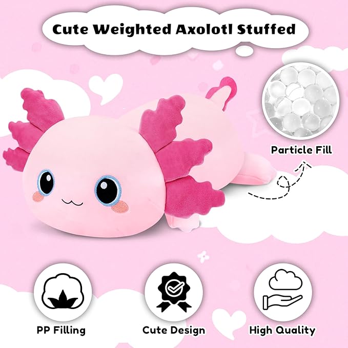 Finebee Weighted Axolotl Stuffed Animals, Cute Weighted Axolotl Plush, Soft Stuffed Weighted Plush Pillow Gifts for Kids Adult(23.6" 3.1Lbs)