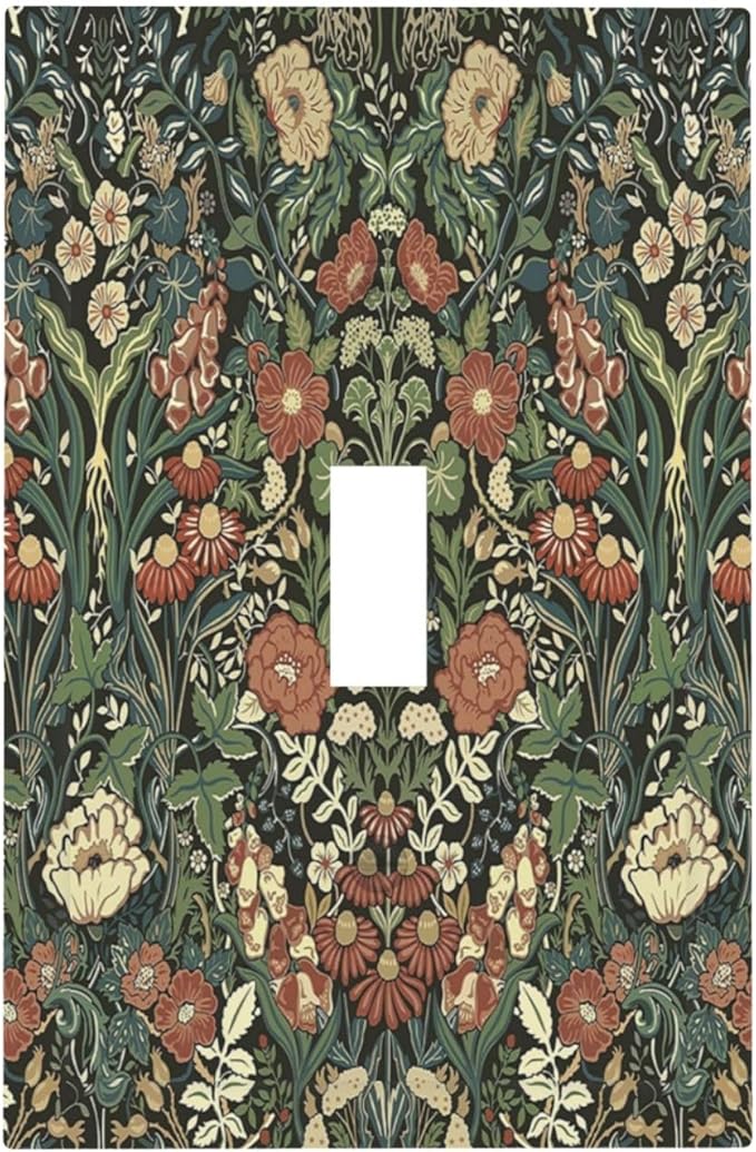 Decorative Light Switch Cover Vintage Dark Floral William Morris Green Flower 1 Gang Single Toggle Device Electrical Faceplate Switchplates Decorator Outlet Wall Plate for living Room Home
