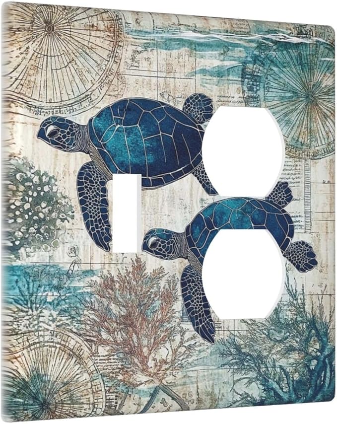 Blue Green Sea Turtle Tropical Ocean Coral Nautical Map Wallplates 1 Toggle 1 Duplex Switch Plate Electrical Gfci Faceplate Decorative Light Switch Covers For Bed Room Bathroom Decor