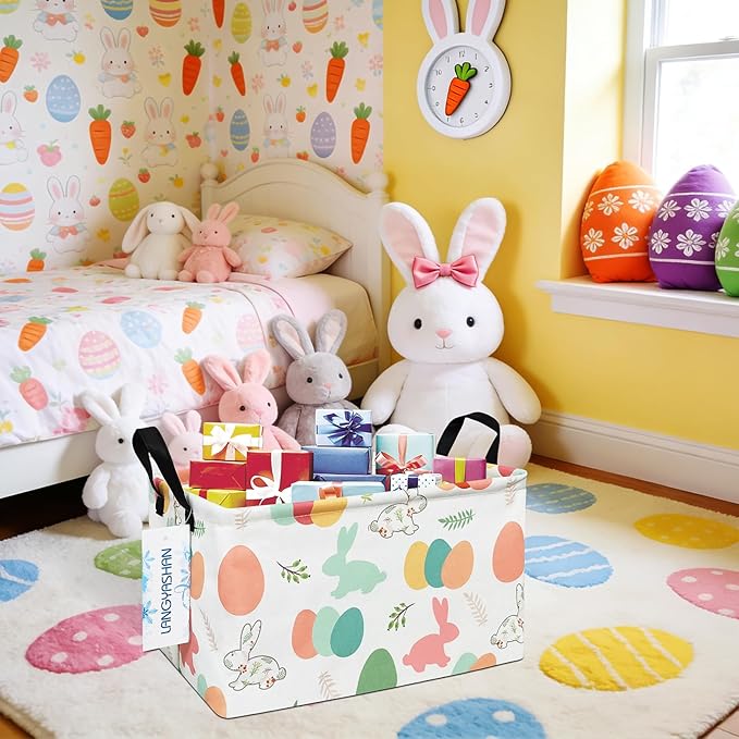 LANGYASHAN Rectangular Storage Bin Collapse Canvas Fabric Cartoon Storage Basket with Handles for Organizing Home Kitchen Boys and Girls Toys Office Closet Shelf Baskets (Rec Rabbit Easter Egg)