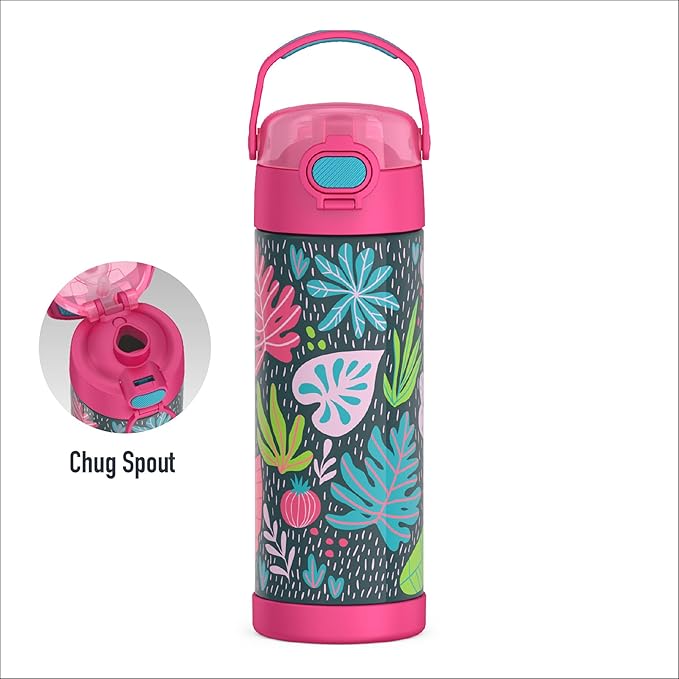 THERMOS FUNTAINER 16 Ounce Stainless Steel Vacuum Insulated Bottle with Wide Spout Lid, Tropical Foliage