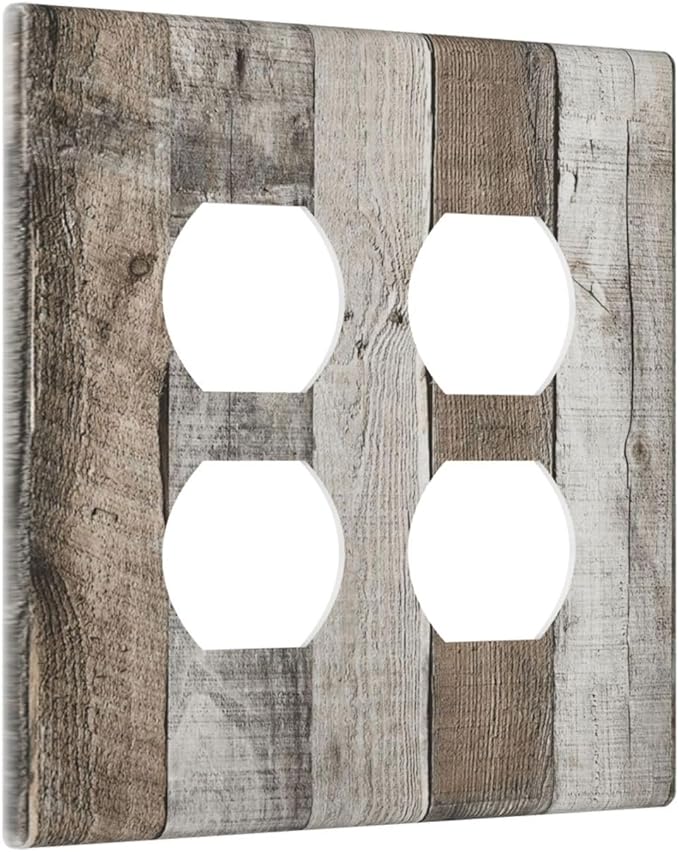 Natural Grey Wood Vintage Faux Wood Grain Outlet Covers 2 Gang Double Duplex Decorative Light Switch Covers Electrical Wallplates Socket Faceplate for Farmhouse Home Decor
