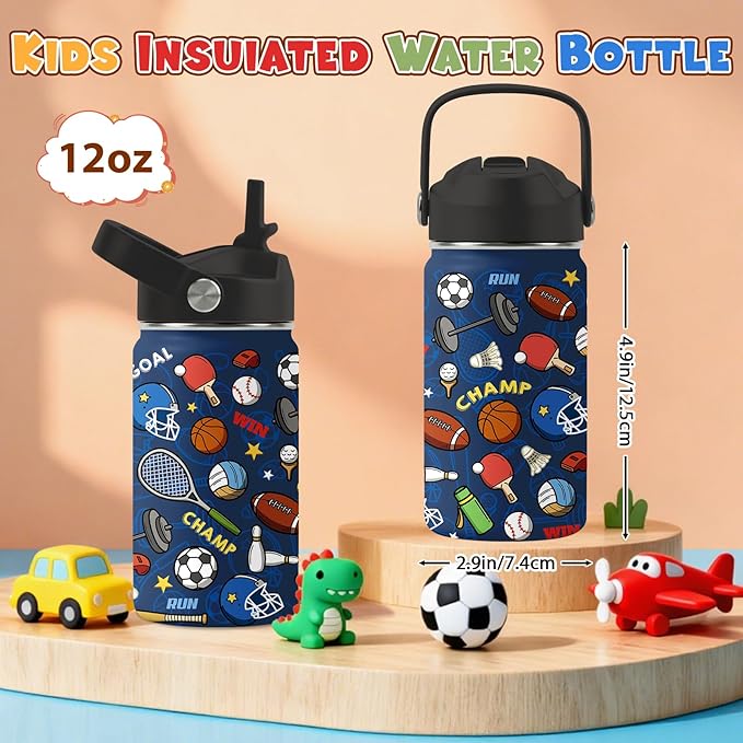Sports Gifts for Men & Women - 12oz Water Bottle with Straw Lid, Stainless Steel Insulated Bottle, Leakproof, BPA-Free, for Her, School, Travel - Sport Lovers Birthday Gift Cup (1pc)
