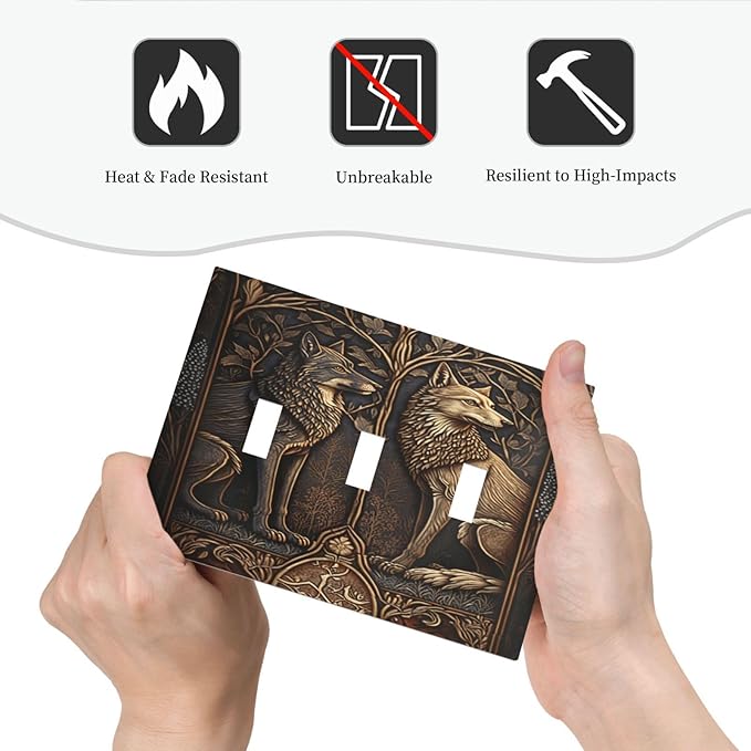 Medieval Wolves Animal Vintage Print Decorative Switch Plates 3 Gang Wall Plate Triple Toggle Light Switch Cover Faceplate Electrical Wall Panels for Farmhouse Home Decor