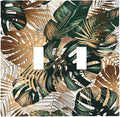 Green Tropical Leaves Gold Palm Leaf Botanical Double Toggle Light Switch Covers Decorative Unique 2 Gang Wall Plate Dual Electrical Faceplate Switchplate for Bedroom Living Room Decor