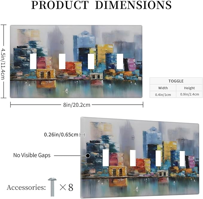 Colorful Nyc Skyline Textured Modern Abstract Light Switch Covers Quad Toggle Electrical Faceplate 4 Gang Wall Plate Decorative Switch Plates Cover for Bedroom Living Room Decor