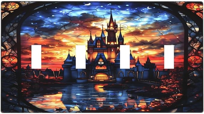 Medieval Fantasy Castle Magic Academy Light Switch Covers Quad Toggle Electrical Faceplate 4 Gang Wall Plate Decorative Switch Plates Cover for Kids Room Bedroom Decor