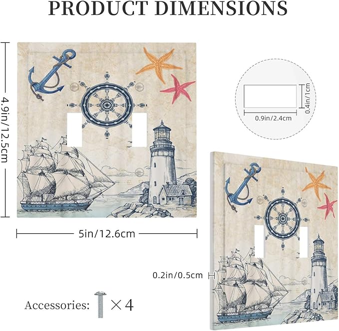 Nautical Sailboat Beach Anchor Pirate Beacon Ocean Double Toggle Light Switch Covers Decorative 2 Gang Wall Plate Electrical Faceplate Switchplate for Farmhouse Bathroom Bedroom Living Room Decor