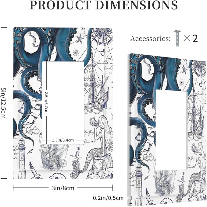 Nautical Vintage Map Octopus Mermaid Lighthouse Boat Decorative Outlet Covers 1 Gang Single Rocker Light Switch Cover Plate Wall Plates GFCI Faceplate for Bathroom Kids Room Decor