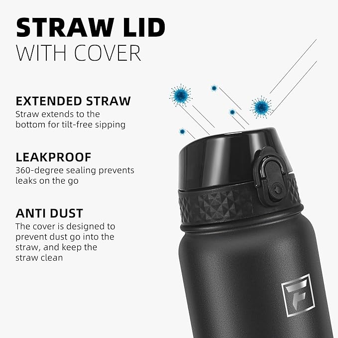 Fanhaw 32 oz Insulated Stainless Steel Water Bottle with Straw Lid, Leakproof Sports Bottle for Men, Women & Teens (Black)
