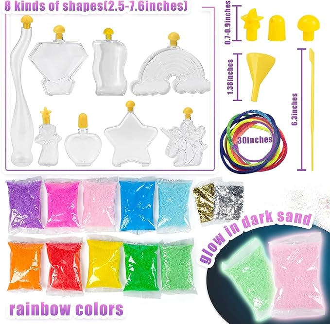 Shindel Sand Art Kits for Kids, 36 PCS Sand Painting for Crafts 8 Shapes of Bottles 10 Assorted Colored and 2 Glitter Sand Bags for Kids DIY Project