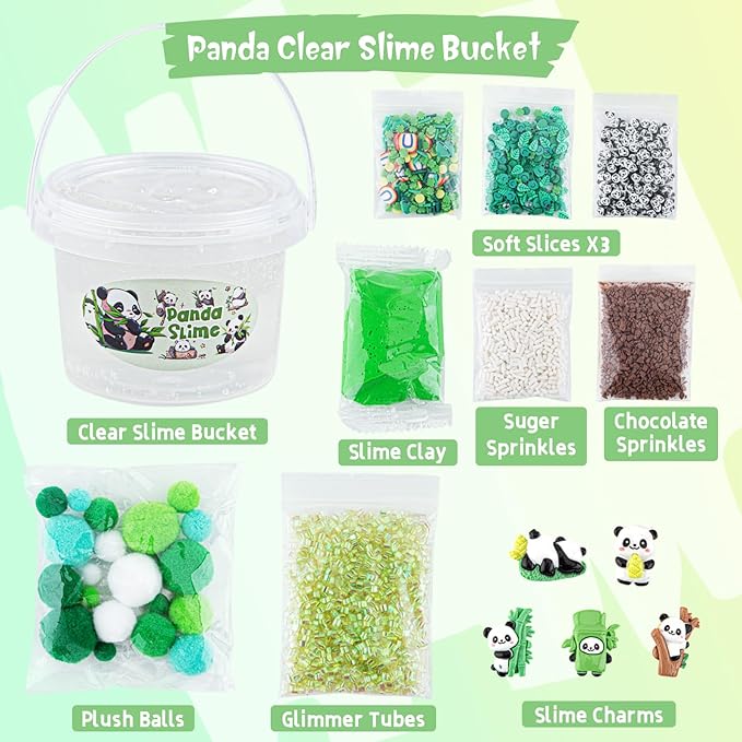 10 FL OZ Panda Clear Slime Bucket, Big Slime Kit with Clay, Slimes Party Favors for Kids, Glimmer Crunchy Slimes Includes 9 Packs of Add-ins, Sensory Experience DIY Toys for Girls and Boys Ages 8-12