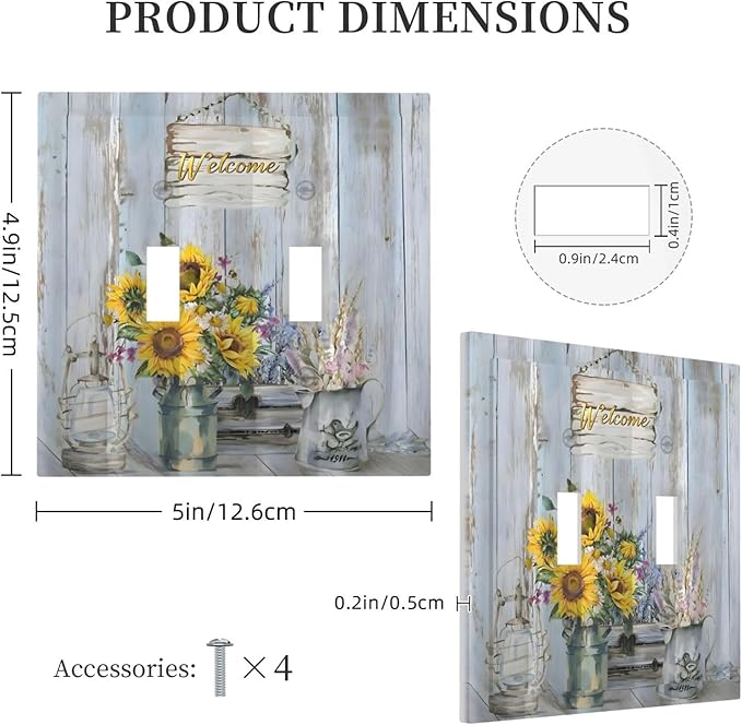 Rustic Sunflower Floral Vintage Wood Board Decorative Switch Plates 2 Gang Double Toggle Outlet Light Switch Cover Wall Plate Electrical Faceplate for Farmhouse Home Decor