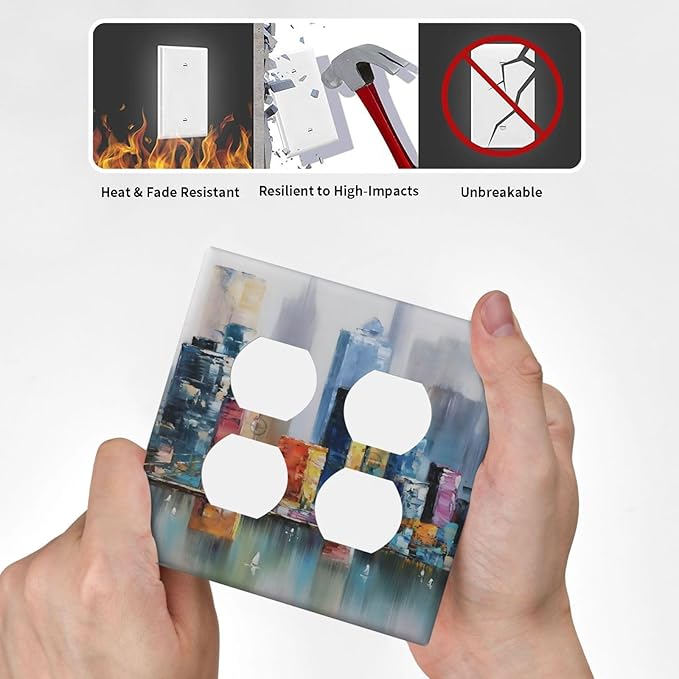 Colorful Nyc Skyline Textured Modern Abstract Outlet Covers 2 Gang Double Duplex Decorative Light Switch Covers Electrical Wallplates Socket Faceplate for Bedroom Living Room Decor