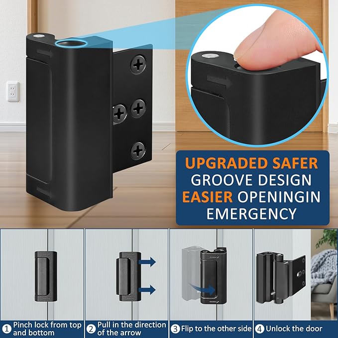 6 Pieces Home Security Door Reinforcement Lock, Door Locks for Kids Safety Front Door, Child Proof Door Lock Latch from Inside, Withstand 800lbs of Force Prevent Unauthorized Entry, Black