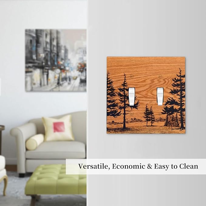 Pine Forest Natural Scenery Silhouette Wood Grain Decorative Switch Plates 2 Gang Double Toggle Outlet Light Switch Cover Wall Plate Electrical Faceplate for Farmhouse Home Decor