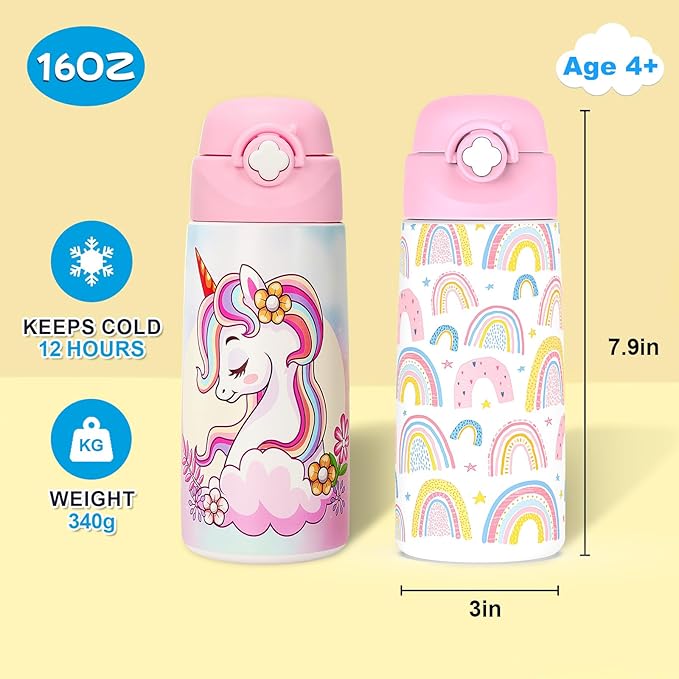 Girls Insulated Water Bottle with Covered Pop-Up Straw,16 oz Kids Cups with Stainless Steel Leak Proof for School（2 pack,Unicorn+Rainbow-pink）