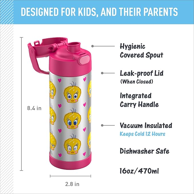 THERMOS FUNTAINER 16 Ounce Stainless Steel Vacuum Insulated Bottle with Wide Spout Lid, LOONEY TUNES