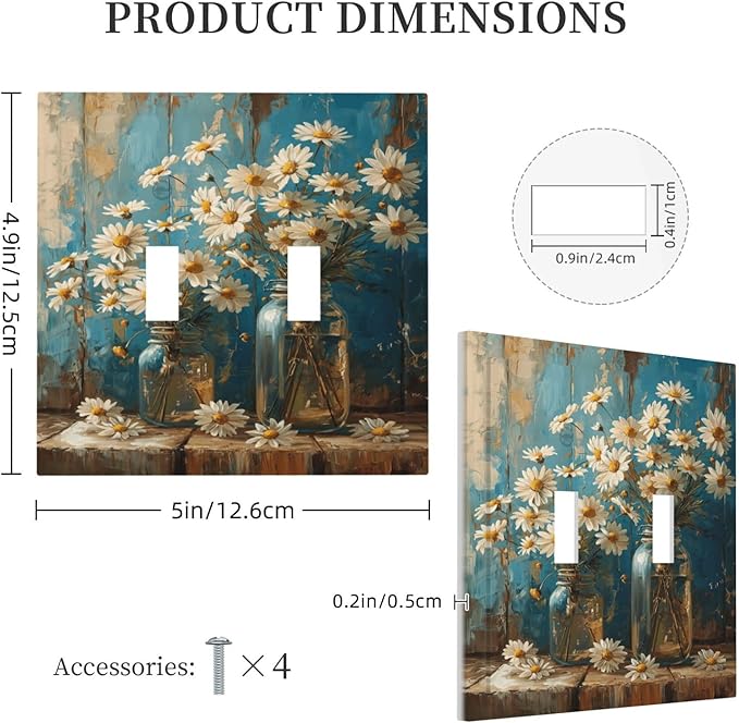 Delicate White Daisy Jars Retro Wood Background Decorative Switch Plates 2 Gang Double Toggle Outlet Light Switch Cover Wall Plate Electrical Faceplate for Farmhouse Home Decor