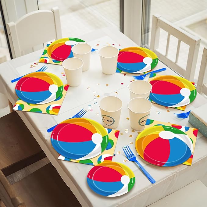Kepeel 200Pcs Summer Pool Beach Party Tableware Set, Beach Pool Ball Party Decorations Supplies for Kids Boys Girls Summer Hawaiian Party Disposable Dessert Plates Napkins Forks Favors, Serve 50