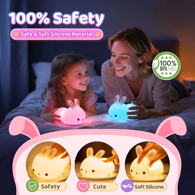 One Fire Night Light for Kids Bunny Toys, 16 Colors Squishy Bunny Lamp, Soft Silicone Bunnies Stuff,1200mah Dimmable Bunnies Cute Lamp Baby Night Light,Kawaii Room Decor Birthday Gifts for Kids Girls