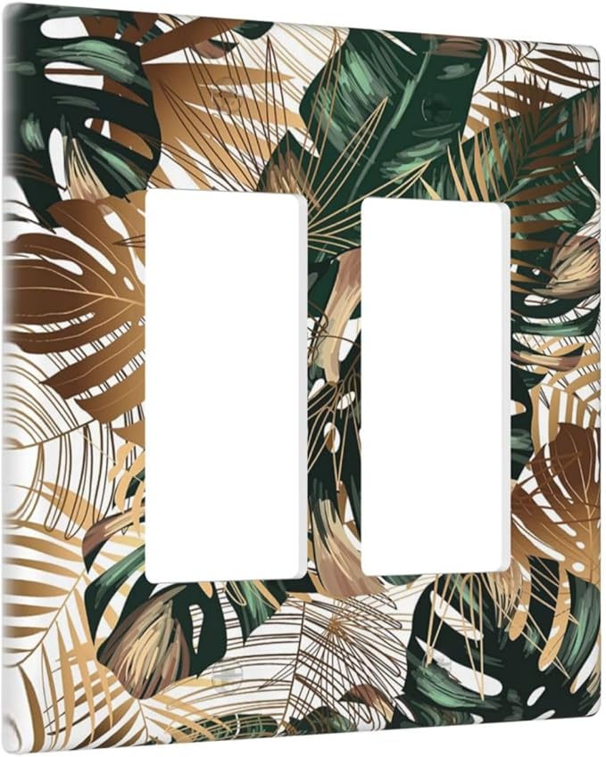 Green Tropical Leaves Gold Palm Leaf Botanical 2 Gang Rocker Decora Light Switch Covers Decorative Unique Dual Outlet Covers Wall Plate Electrical Faceplate Switchplate GFCI for Kitchen Bedroom