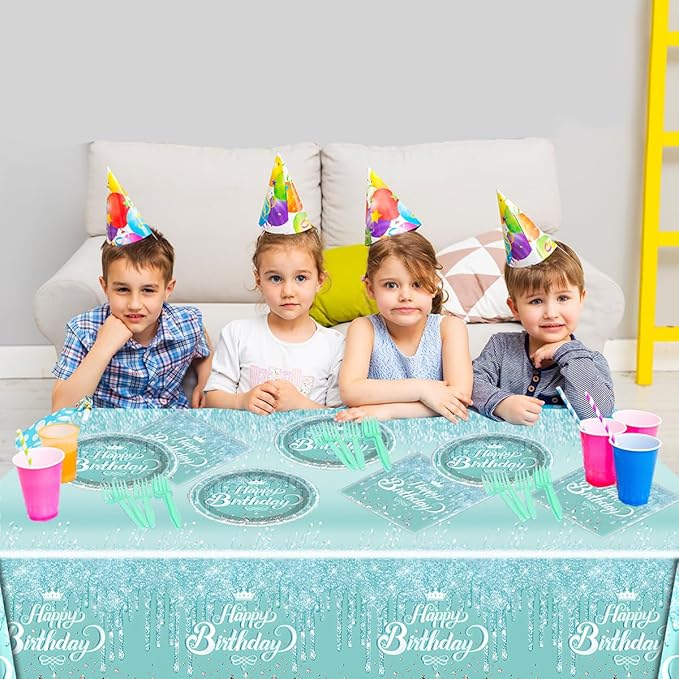 Teal and Silver Tableware set, Blue Happy Birthday Theme 20 Plates and 20 Napkins and Tablecloths 71 '' x 42 '' for Girls Women Silver Glitter Birthday Party Supplies