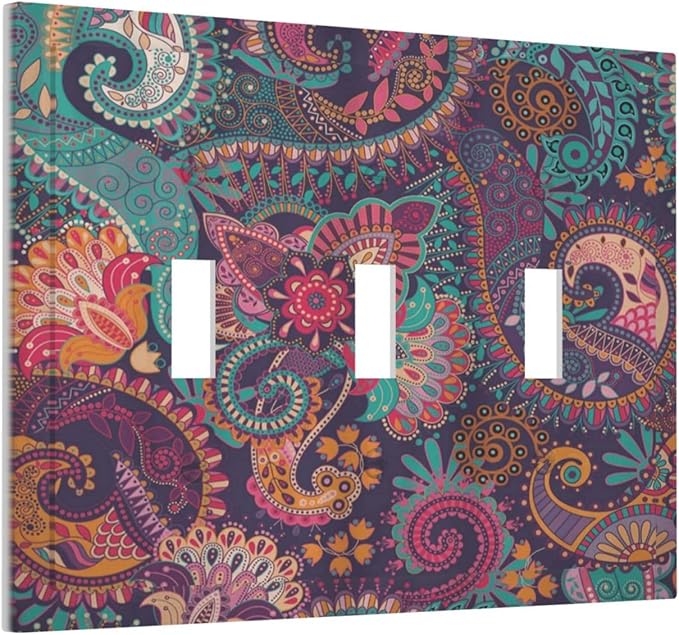 Mandala Boho Paisley Purple Floral Colorful Flower Decorative Switch Plates 3 Gang Wall Plate Triple Toggle Light Switch Cover Faceplate Electrical Wall Panels for Home Bedroom Decor