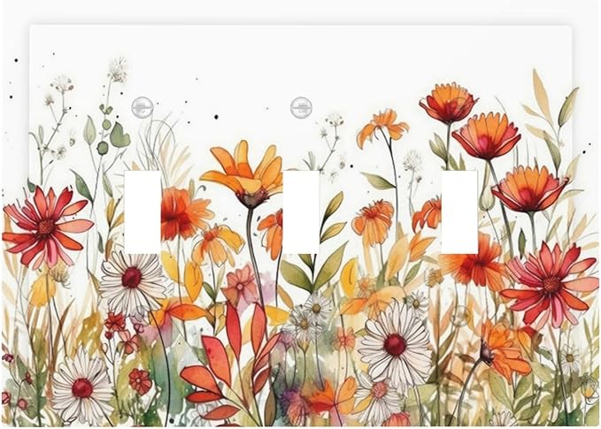 Watercolor Wild Flower Floral Daisy Plant Decorative Switch Plates 3 Gang Wall Plate Triple Toggle Light Switch Cover Faceplate Electrical Wall Panels for Bedroom Living Room Decor