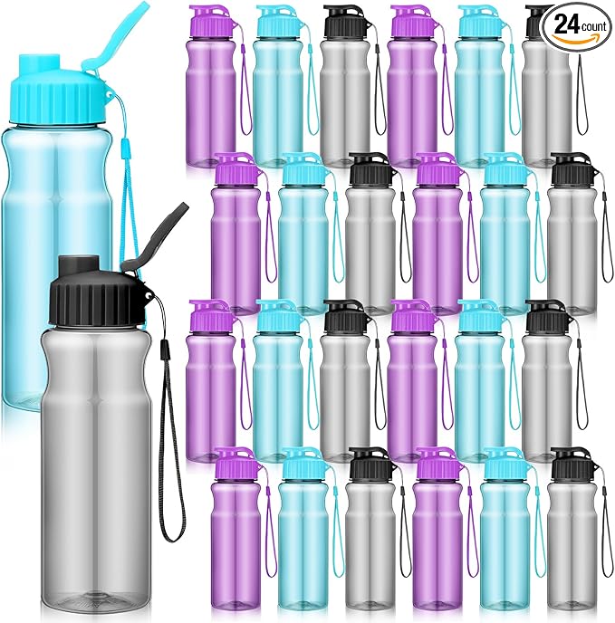 Ziliny 24 Pcs 17 oz Plastic Water Bottles Bulk Large Reusable Leak Proof Flip Top Sports Gym Water Bottles with Handle Strap for Kids and Adults for Summer School Travel