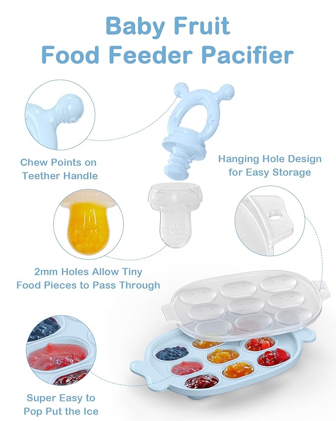 Silicone Baby Fruit Feeder with Freezer Nibble Tray Combo, Baby Teethers, Breastmilk Popsicle Molds for Teething Relief, BPA Free Fresh Food Feeder for Safe Infant Self Feeding (Sky Blue)