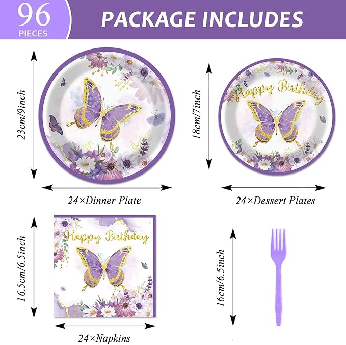 ZOIIWA 96 PCS Purple Butterfly Birthday Party Tableware Set - Butterfly Themed Party Decorations, Plates, Napkins, Forks for Girls, Women, Baby Shower Favors