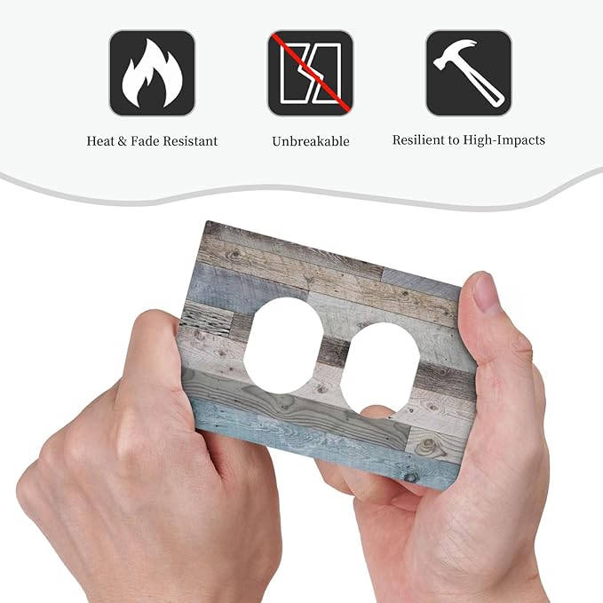 1 Gang Duplex Receptacle Outlet Cover Retro Rustic Vintage Barn Western Blue Grey Wood Plank Country Old Garage Style Electrical Wall Plate One Gang Dual Device Light Switch Faceplate Socket Cover