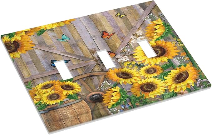 Rustic Sunflower Barn Door Country Wood Plank 3 Gang Light Switch Covers Decorative Triple Toggle Wall Plate Electrical Faceplate Switchplate for Farmhouse Bathroom Bedroom Home Decor