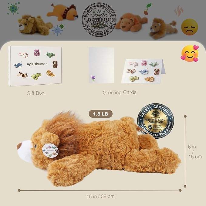 Aplushuman® Microwavable Heating Pad Golden Lion Plush - Weighted Stuffed Animal Toy with Tourmaline Beads & Lavender - 1.8 lb for Long Lasting Cozy Warmth - Includes Gift Box & Greeting Card