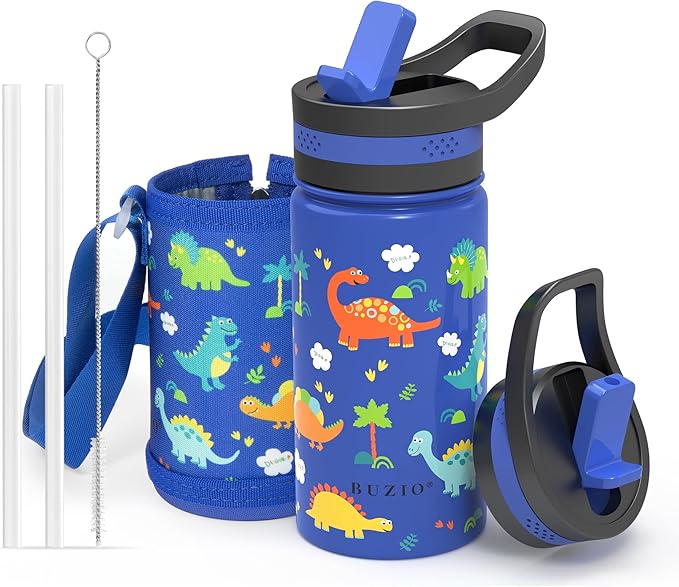 BUZIO Kids Water Bottle with 2 Tritan Straw Lids and a Carrying Pouch for shcool, 14oz Insulated Stainless Steel Toddler Tumbler, Leak Proof Cute Metal Water Bottle Boys Girls, Blue