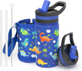 BUZIO Kids Water Bottle with 2 Tritan Straw Lids and a Carrying Pouch for shcool, 14oz Insulated Stainless Steel Toddler Tumbler, Leak Proof Cute Metal Water Bottle Boys Girls, Blue