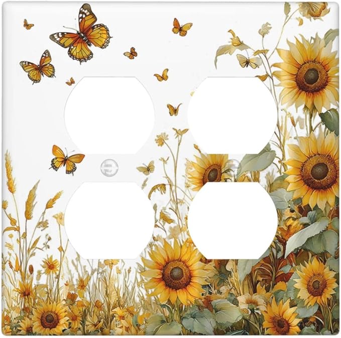 Sunflower Gold Wildflowers Summer Butterfly Outlet Covers 2 Gang Double Duplex Decorative Light Switch Covers Electrical Wallplates Socket Faceplate for Bedroom Living Room Decor