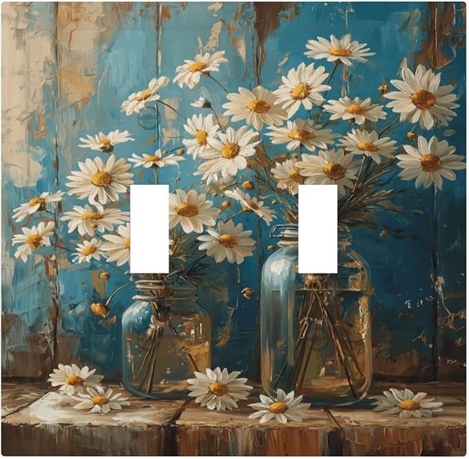 Delicate White Daisy Jars Retro Wood Background Decorative Switch Plates 2 Gang Double Toggle Outlet Light Switch Cover Wall Plate Electrical Faceplate for Farmhouse Home Decor