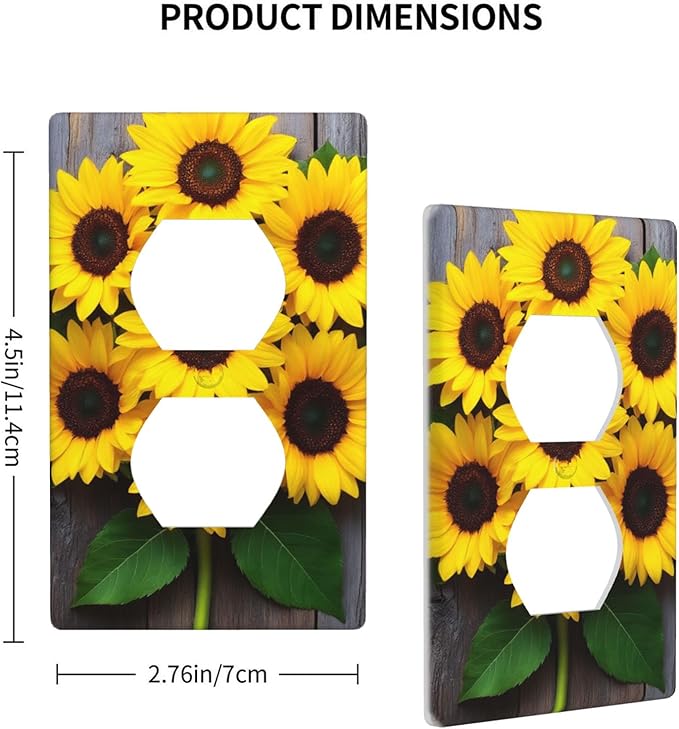 1-Gang Duplex Wall Plate, Yellow Floral Sunflower Printed Pattern Outlet Cover, Faux Rustic Wood Look Decor for Farmhouse Kitchen