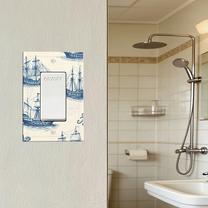 Vintage Nautical Ships Single Rocker Switch Cover - 1-Gang Standard US Size Old World Sailing Vessels Light Switch Covers, Blueprint Design for Beach House Decor