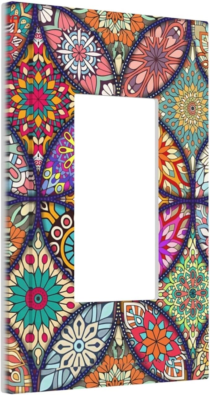 Boho Floral Pretty Colorful Mandala Flowers Decorative Outlet Covers 1 Gang Single Rocker Light Switch Cover Plate Wall Plates GFCI Faceplate for Bedroom Living Room Decor