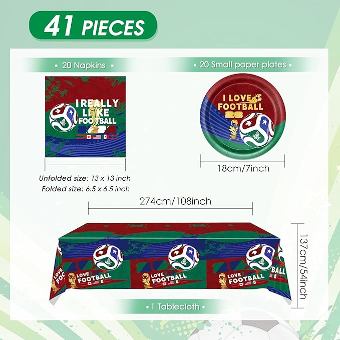 41Pcs World Cup Party Decorations World Cup 2026 Party Supplies Football Soccer Theme Plates Napkins Tablecloth,for 2026 WorldCup Watch Party Game Day Kids Birthday Global Soccer Celebration Supplies