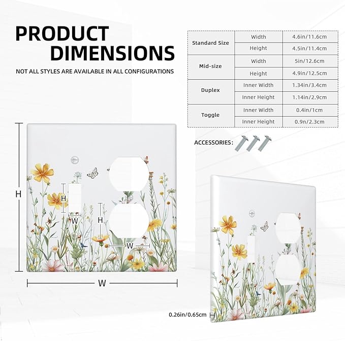 Outlet Covers Rustic Colorful Floral Butterfly Watercolor Flowers 2 Gang Decorative Switch Plates 1 Toggle Duplex Combo Light Switch Cover GFCI Socket Cover WallPlates for Bathroom Bedroom
