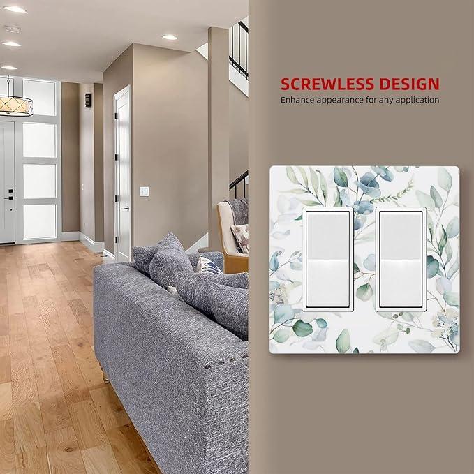 Green Eucalyptus Leaf Decorative 2 Gang Screwless Gfci/Rocker Light Switch Cover Decorative Spring Olive Boho Floral Leaves Dual Device Double Decorator Receptacle Outlet Wall Plate Cover for Dimmer