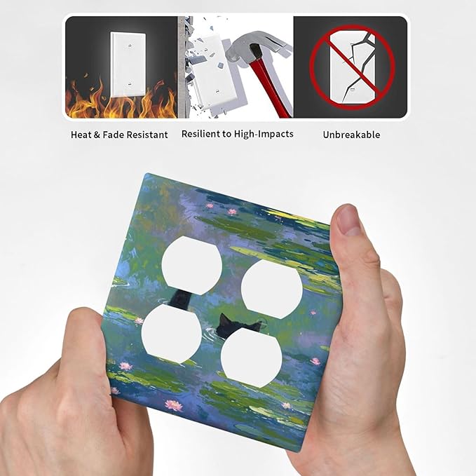 Decorative Light Switch Cover Plate Cute Black Cat Water Lily Pond Watercolor 2 Gang Decorative Switch Plates 1 Toggle Duplex Combo Outlet Covers GFCI Plug Covers Wallplates for Kids Room Nursery