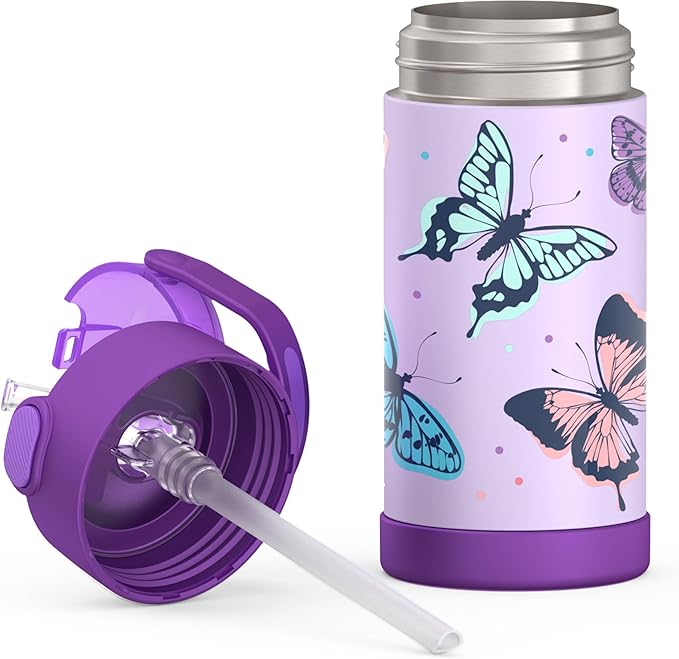 THERMOS FUNTAINER Water Bottle with Straw - 12 Ounce - Kids Stainless Steel Vacuum Insulated Water Bottle with Lid, Butterfly Frenzy